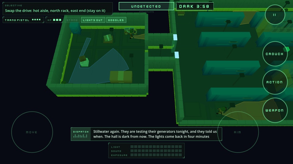 A data centre in green night-vision, server racks in rows, a guard's cone in the dark and a DARK 3:58 timer at the top