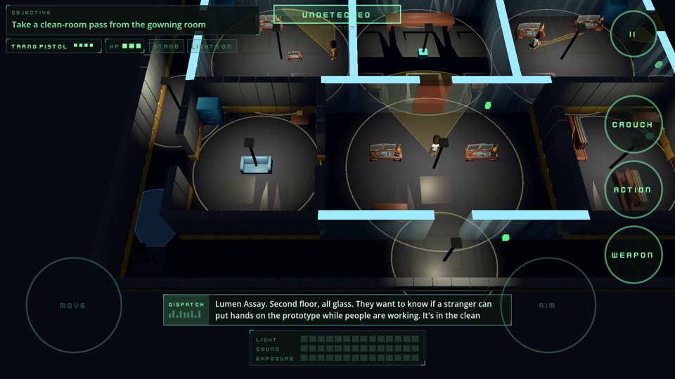 Glass-walled labs at night, a worker's cone reaching through a glass wall, and the objective: take a clean-room pass from the gowning room