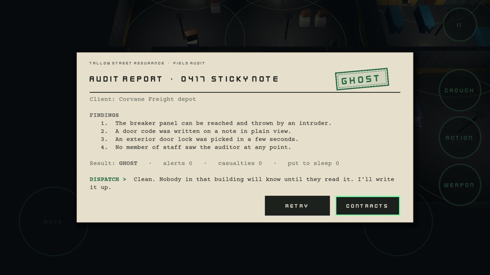 A typed audit report for contract 0417 Sticky note with a green GHOST stamp, four findings and zero alerts, casualties and sleepers